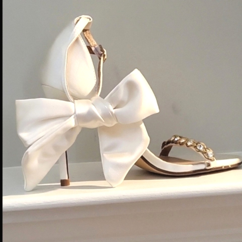 Lulus Rhinestone Satin Heels with Large Bow